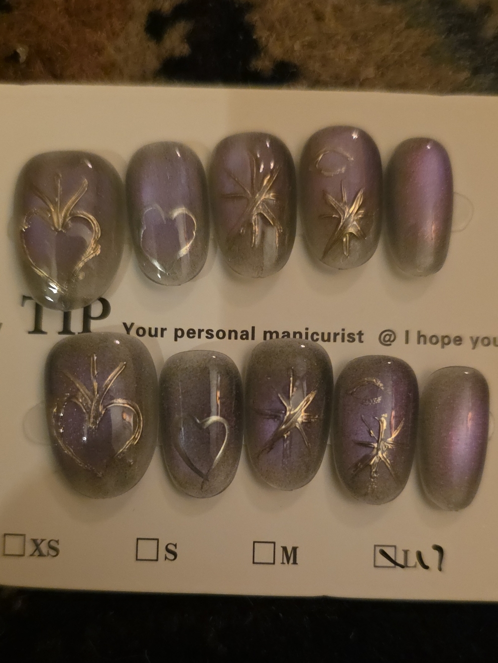 Purple Metallic Press-On Nail Set with Gold Accents - Size Large